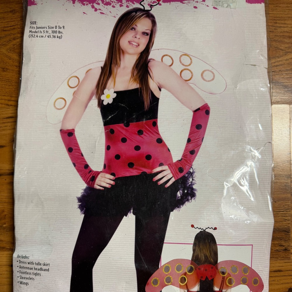 Ladybug Costume Set Red Black Polka Dot Dress Wings Headband Juniors Size 0-9